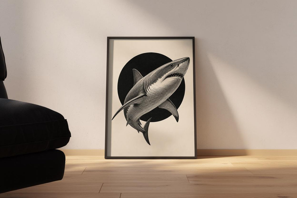 White Shark Wall Art, Vintage Marine Illustration Print, Black Circle Ocean Poster, Coastal Wildlife Decor