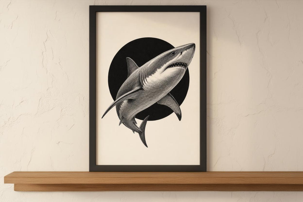 White Shark Wall Art, Vintage Marine Illustration Print, Black Circle Ocean Poster, Coastal Wildlife Decor