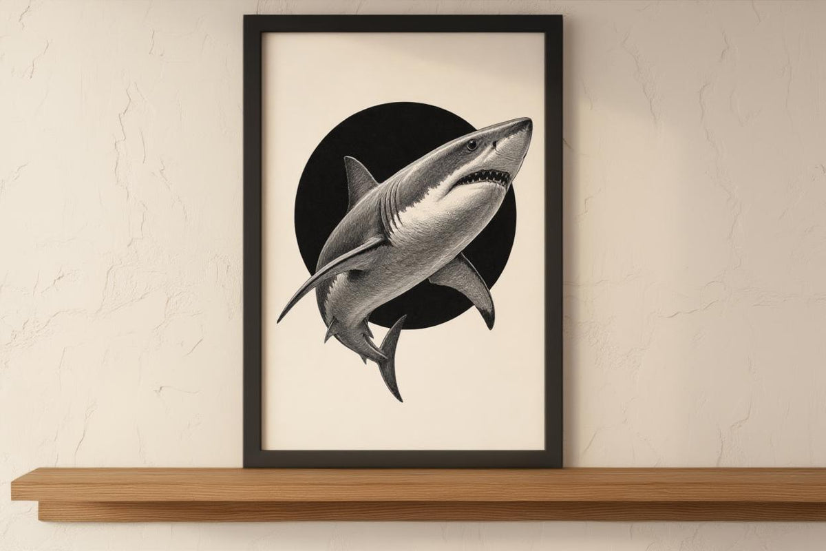 White Shark Wall Art, Vintage Marine Illustration Print, Black Circle Ocean Poster, Coastal Wildlife Decor