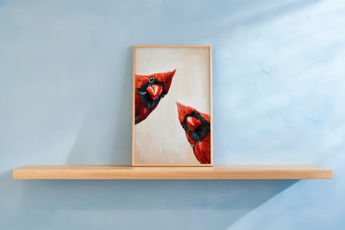 Whimsical Red Cardinal Bird Wall Art, Curious Cardinals Print, Retro Funny Animal Painting, Mid Century Gift, Home Decor Kitchen Living Room