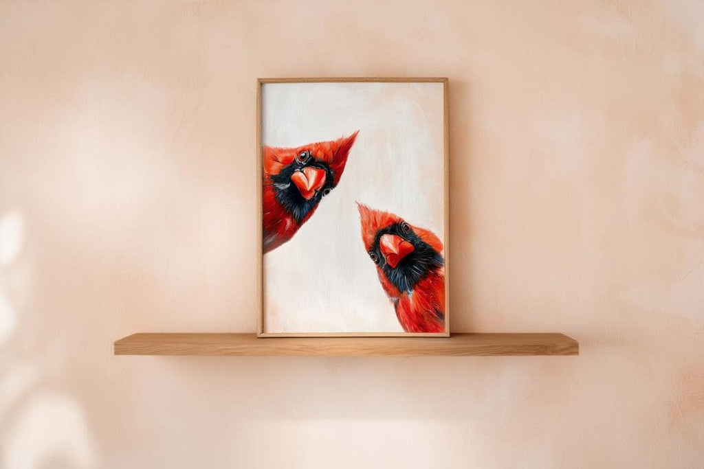 Whimsical Red Cardinal Bird Wall Art, Curious Cardinals Print, Retro Funny Animal Painting, Mid Century Gift, Home Decor Kitchen Living Room