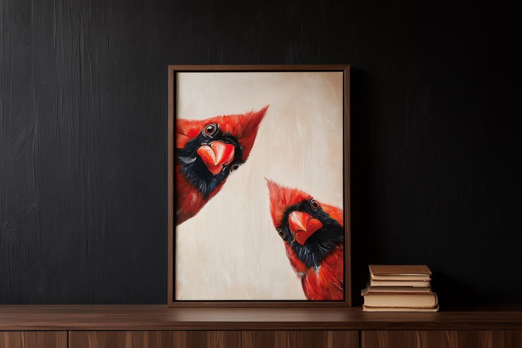 Whimsical Red Cardinal Bird Wall Art, Curious Cardinals Print, Retro Funny Animal Painting, Mid Century Gift, Home Decor Kitchen Living Room