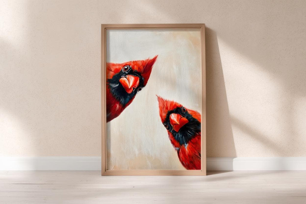 Whimsical Red Cardinal Bird Wall Art, Curious Cardinals Print, Retro Funny Animal Painting, Mid Century Gift, Home Decor Kitchen Living Room