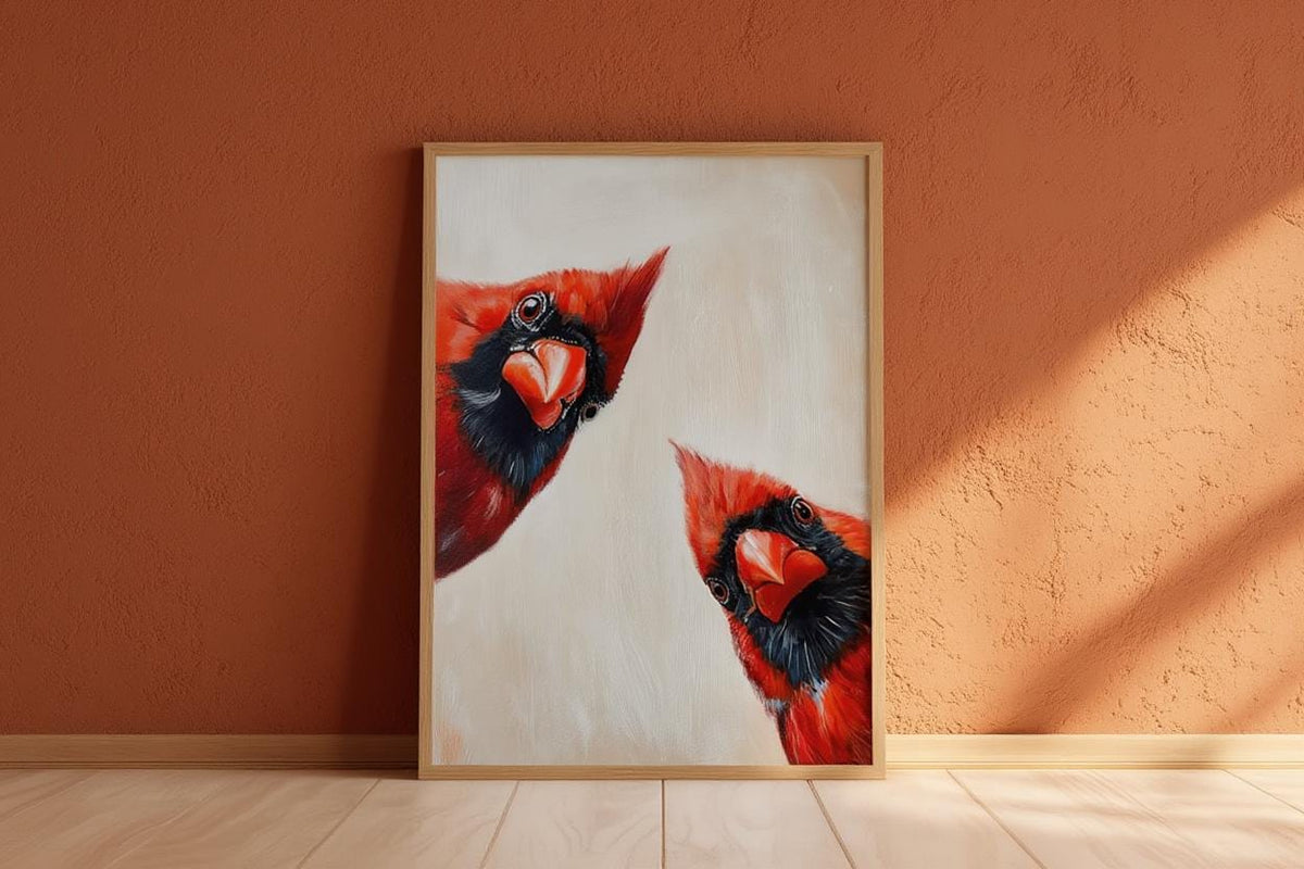 Whimsical Red Cardinal Bird Wall Art, Curious Cardinals Print, Retro Funny Animal Painting, Mid Century Gift, Home Decor Kitchen Living Room