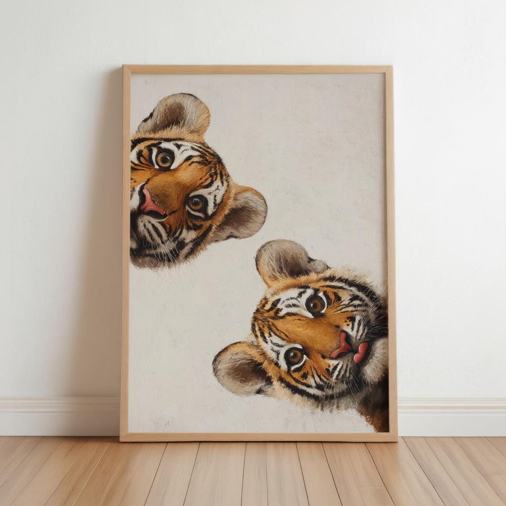Tiger Wall Art, Funny Cub Oil Painting, Whimsical Safari Animal Art Print, Bold Jungle Nursery Decor, Vibrant Exotic Cat Portrait Poster