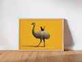 Framed landscape funny emu wall art leaning on floor, mustard yellow background, fine feather detail