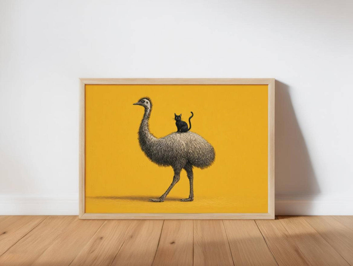 Framed landscape funny emu wall art leaning on floor, mustard yellow background, fine feather detail