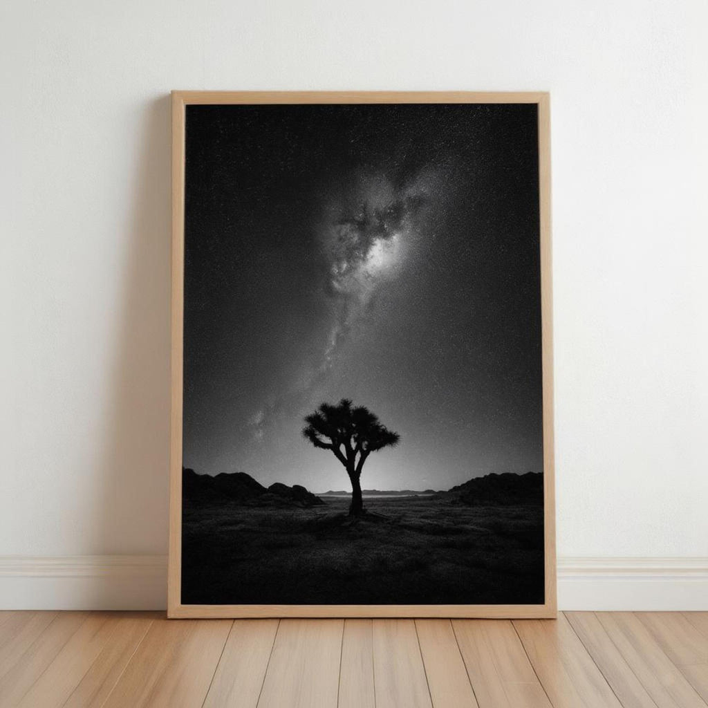 Framed black and white joshua tree night sky wall art leaning against white wall, maple hardwood floor
