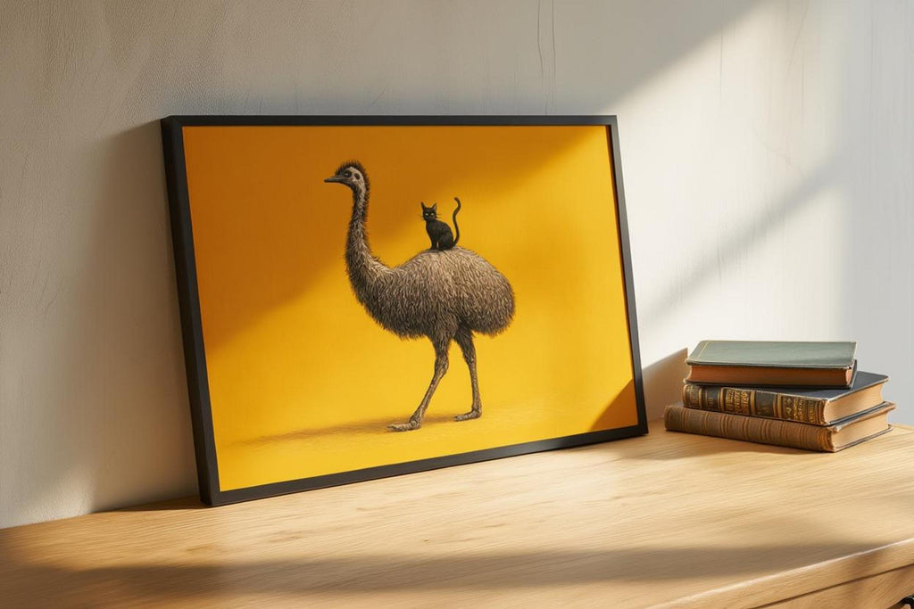 Black frame angled on floor, emu and black cat silhouette against saturated mustard, quirky animal wall art