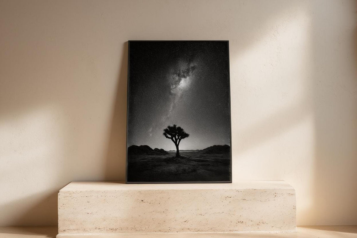 Sunlit concrete ledge holding a minimalist desert wall poster, Milky Way and lone Joshua tree silhouette