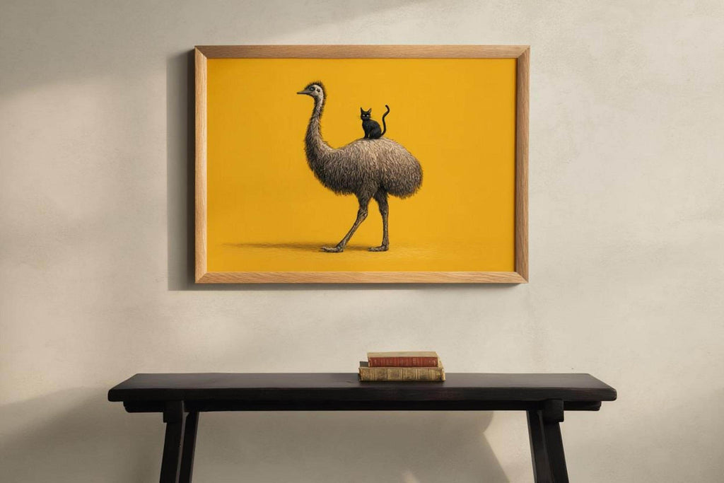 Framed funny emu wall art hung above small bench, gallery-style display, bold yellow background