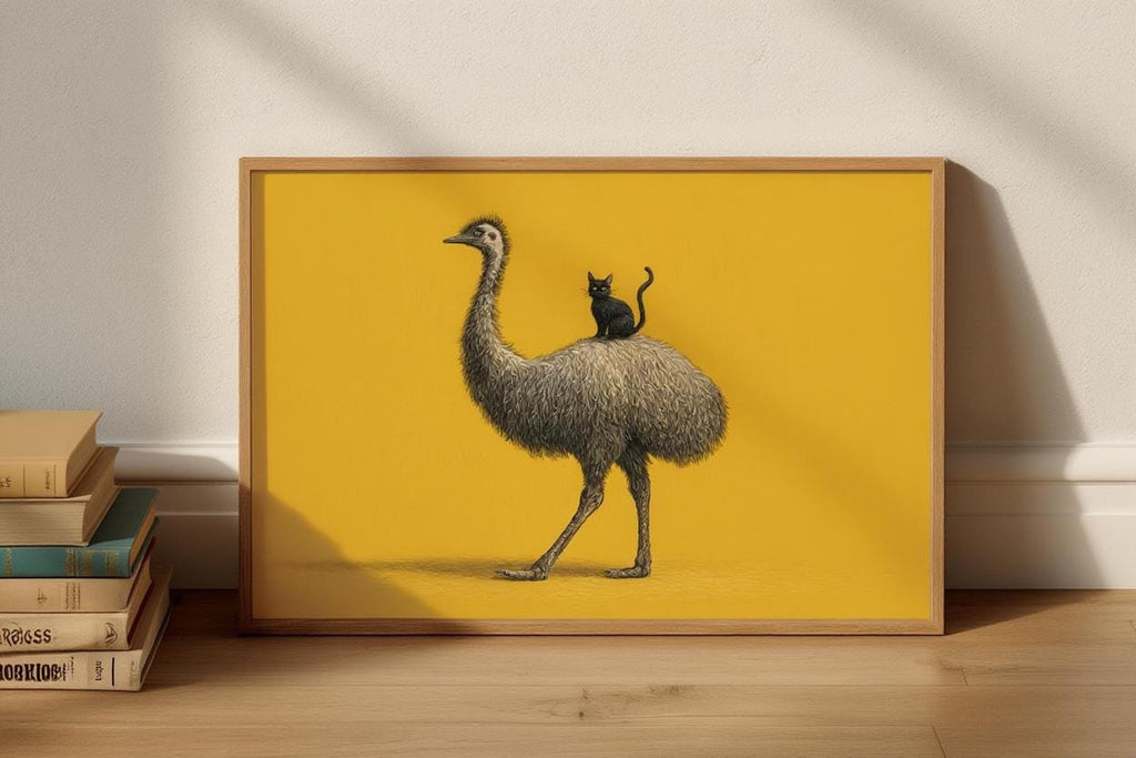Centered frame on table with stacked books, hand-drawn emu and black cat on bold yellow, playful printable