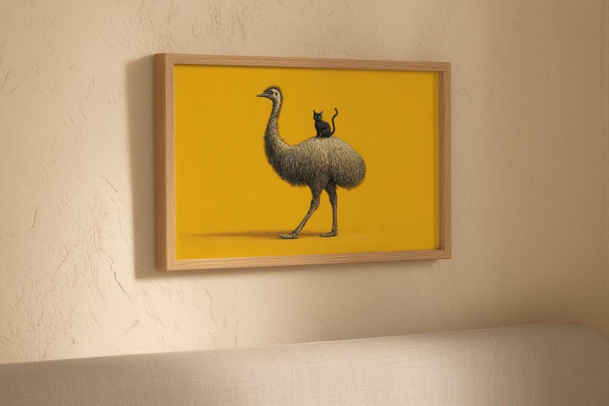 Wall-hung emu art casting soft shadow, minimalist composition, humorous emu print suited to modern decor