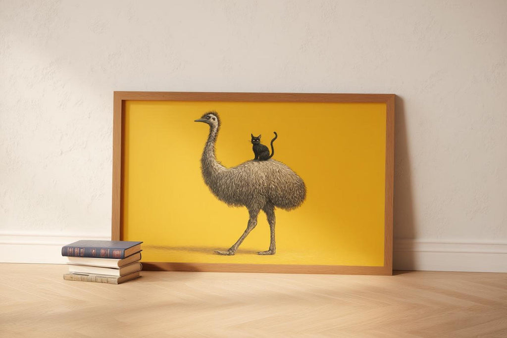 Wide landscape frame on low shelf, bold mustard field and detailed emu, digital download wall art ready to print