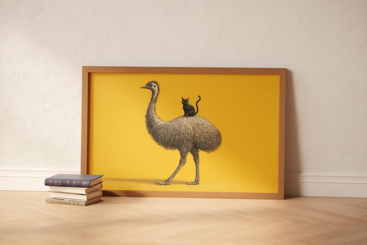 Wide landscape frame on low shelf, bold mustard field and detailed emu, digital download wall art ready to print