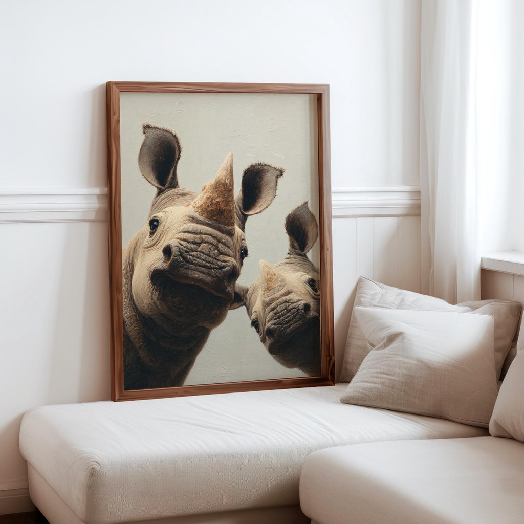 Whimsical Rhino Wall Art: Playful Safari Animal Print, Curious African Wildlife Canvas, Rhinoceros Gifts, Nursery & Kids Room Decor, Printed