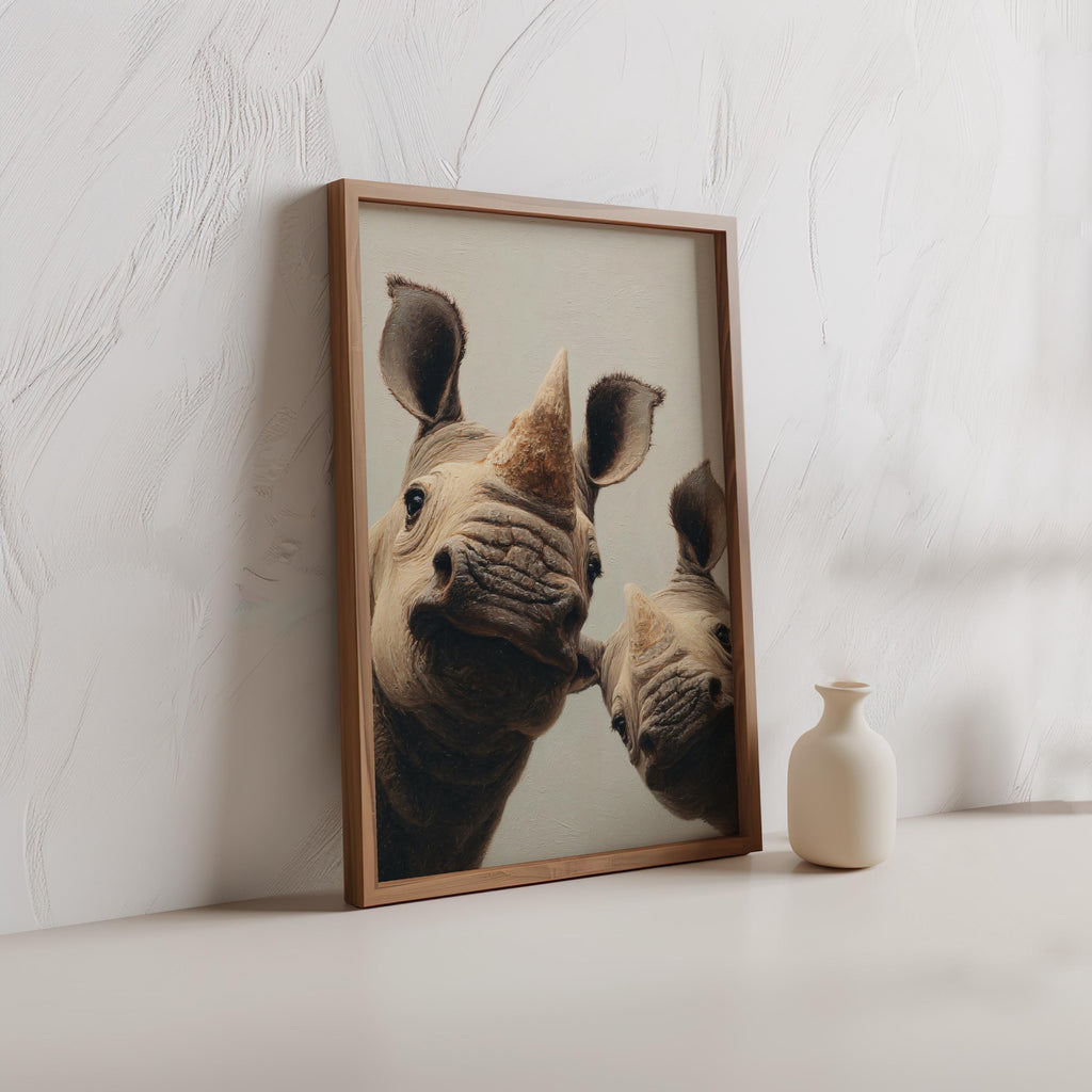 Whimsical Rhino Wall Art: Playful Safari Animal Print, Curious African Wildlife Canvas, Rhinoceros Gifts, Nursery & Kids Room Decor, Printed