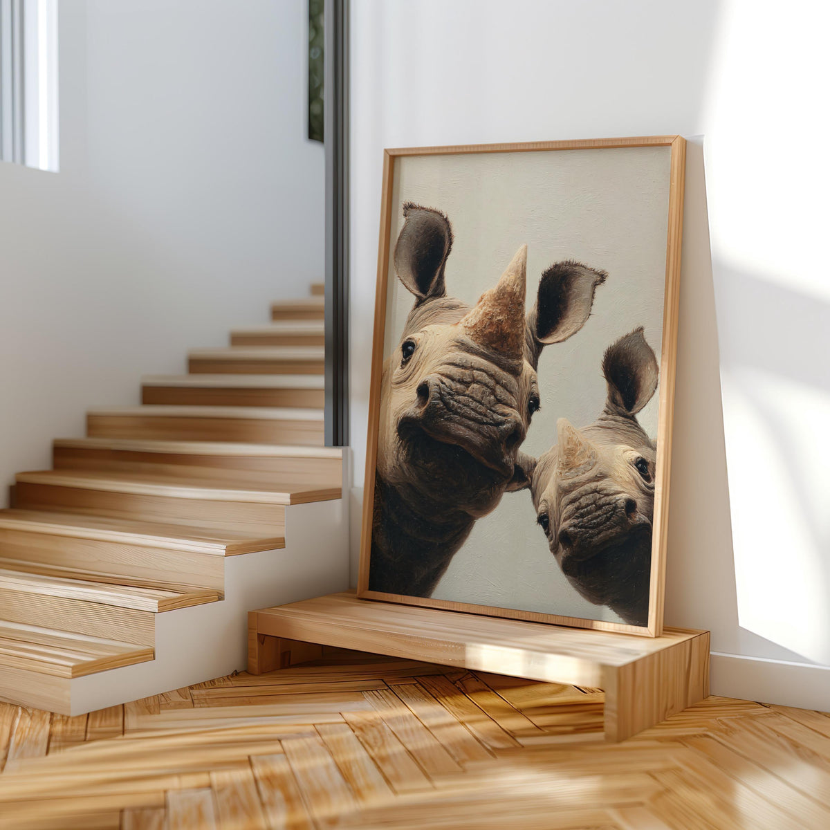 Whimsical Rhino Wall Art: Playful Safari Animal Print, Curious African Wildlife Canvas, Rhinoceros Gifts, Nursery & Kids Room Decor, Printed