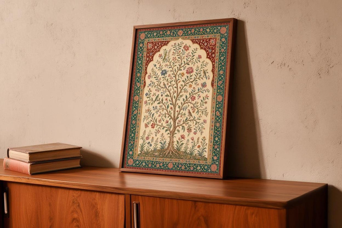 Mughal Inspired Tree of Life Wall Art, Vintage Floral Bird Print, Indian Botanical Poster, Bohemian Home Decor, Garden Lover Gift