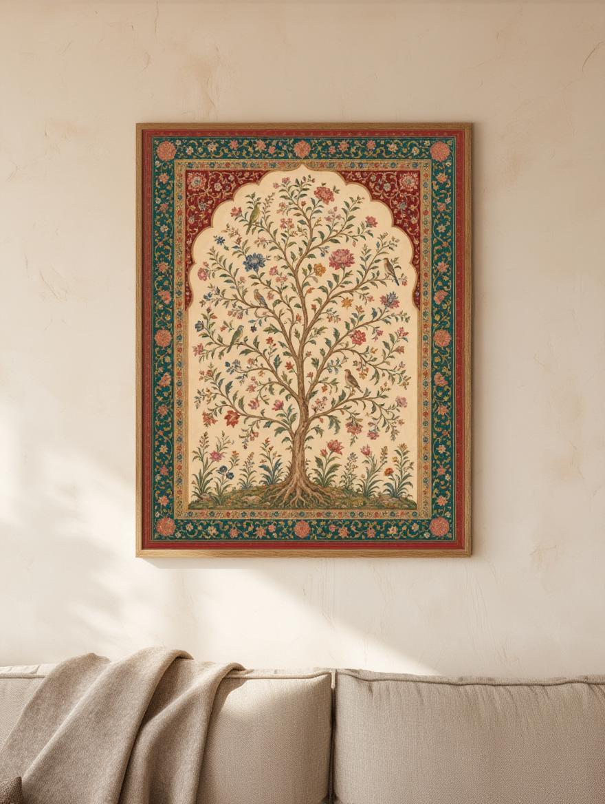 Mughal Inspired Tree of Life Wall Art, Vintage Floral Bird Print, Indian Botanical Poster, Bohemian Home Decor, Garden Lover Gift