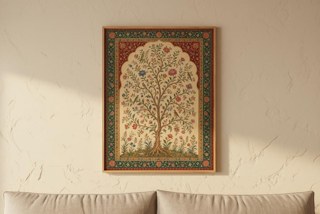 Mughal Inspired Tree of Life Wall Art, Vintage Floral Bird Print, Indian Botanical Poster, Bohemian Home Decor, Garden Lover Gift