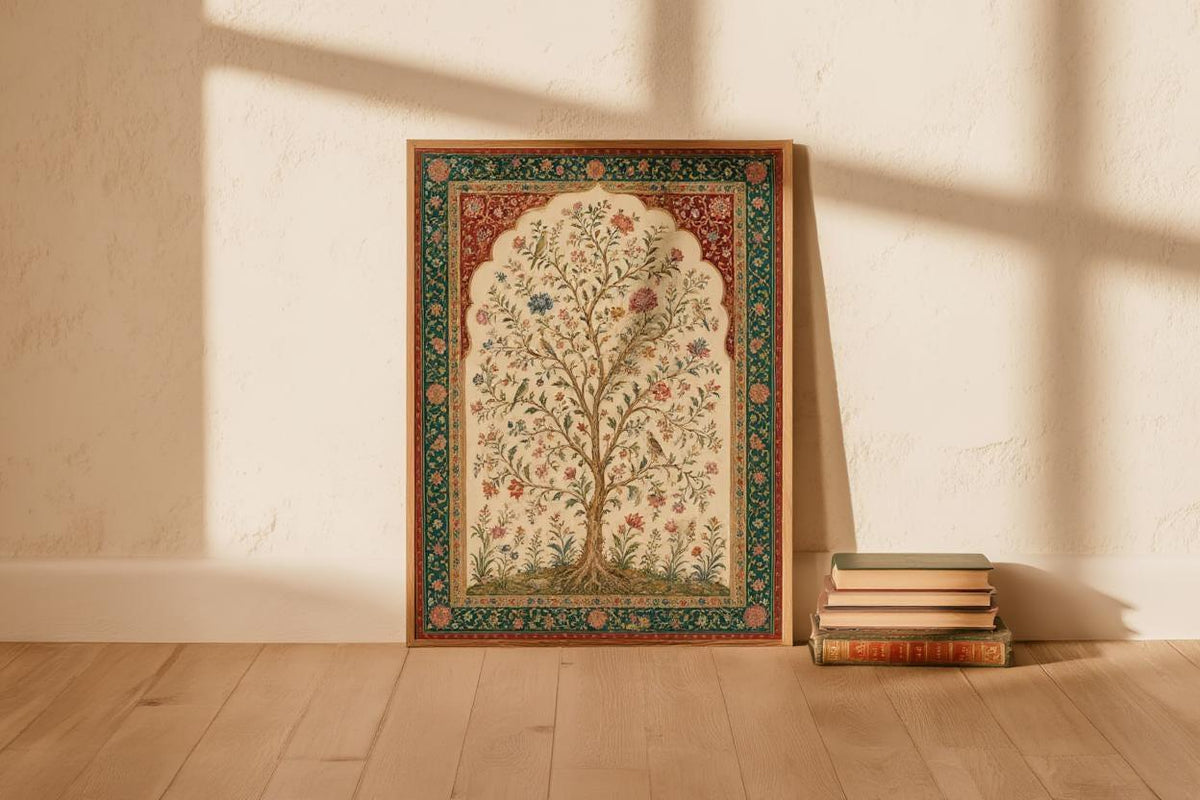 Mughal Inspired Tree of Life Wall Art, Vintage Floral Bird Print, Indian Botanical Poster, Bohemian Home Decor, Garden Lover Gift
