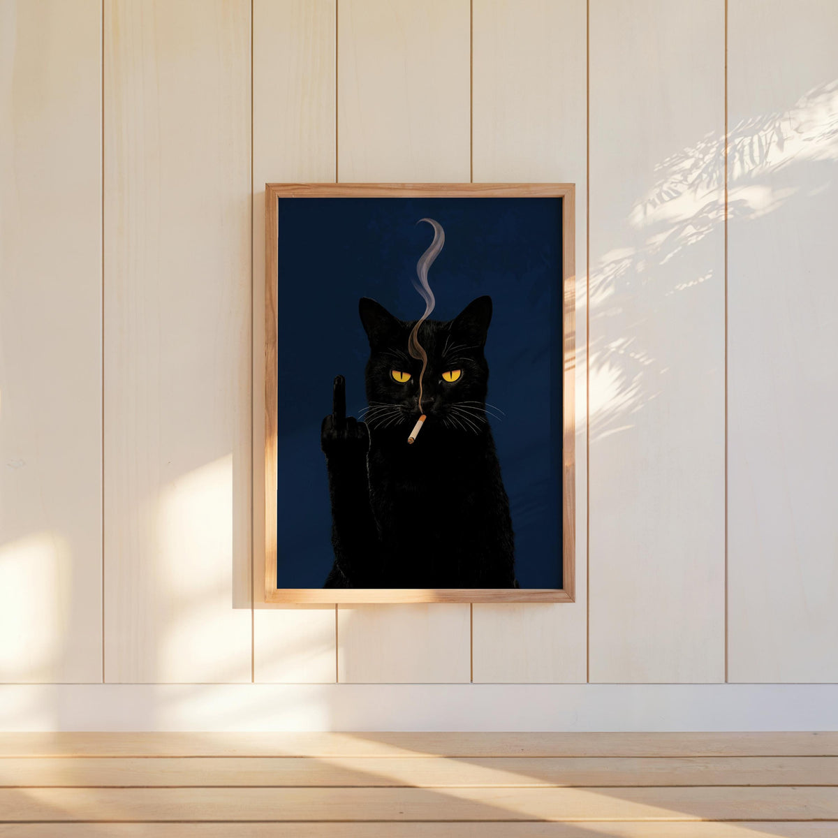 Black Cat Middle Finger & Smoking Wall Art, Funny Sarcastic Kitty Poster, Trendy Fuck You Statement Decor, Grumpy Cigarette Cat