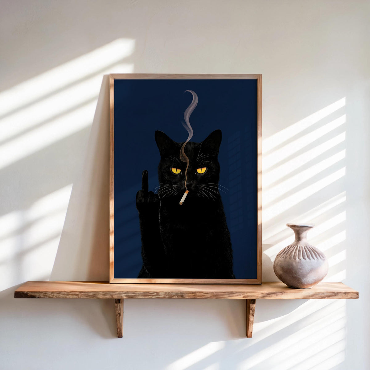 Black Cat Middle Finger & Smoking Wall Art, Funny Sarcastic Kitty Poster, Trendy Fuck You Statement Decor, Grumpy Cigarette Cat