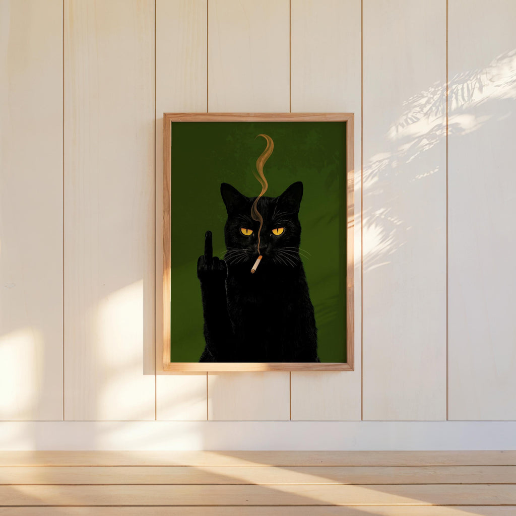 Black Cat Middle Finger & Smoking Wall Art, Funny Sarcastic Kitty Poster, Trendy Fuck You Statement Decor, Grumpy Cigarette Cat