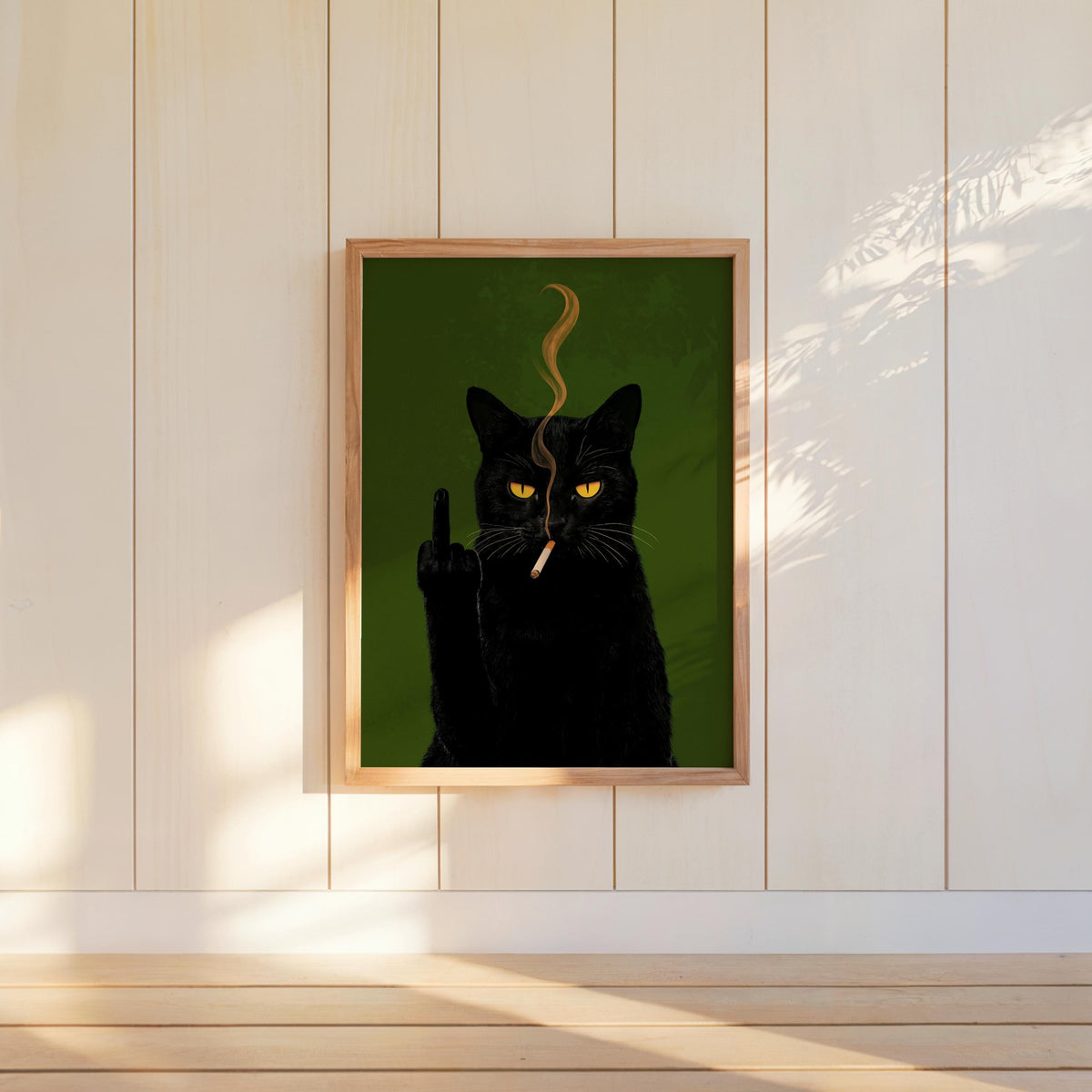 Black Cat Middle Finger & Smoking Wall Art, Funny Sarcastic Kitty Poster, Trendy Fuck You Statement Decor, Grumpy Cigarette Cat