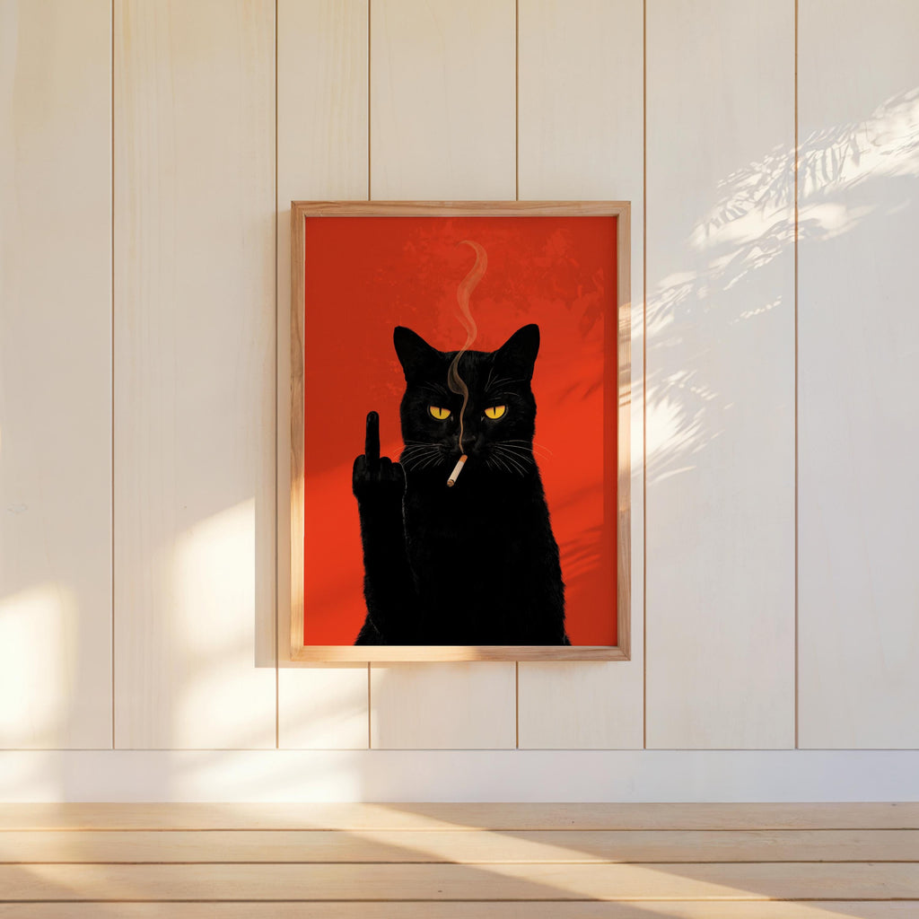 Black Cat Middle Finger & Smoking Wall Art, Funny Sarcastic Kitty Poster, Trendy Fuck You Statement Decor, Grumpy Cigarette Cat