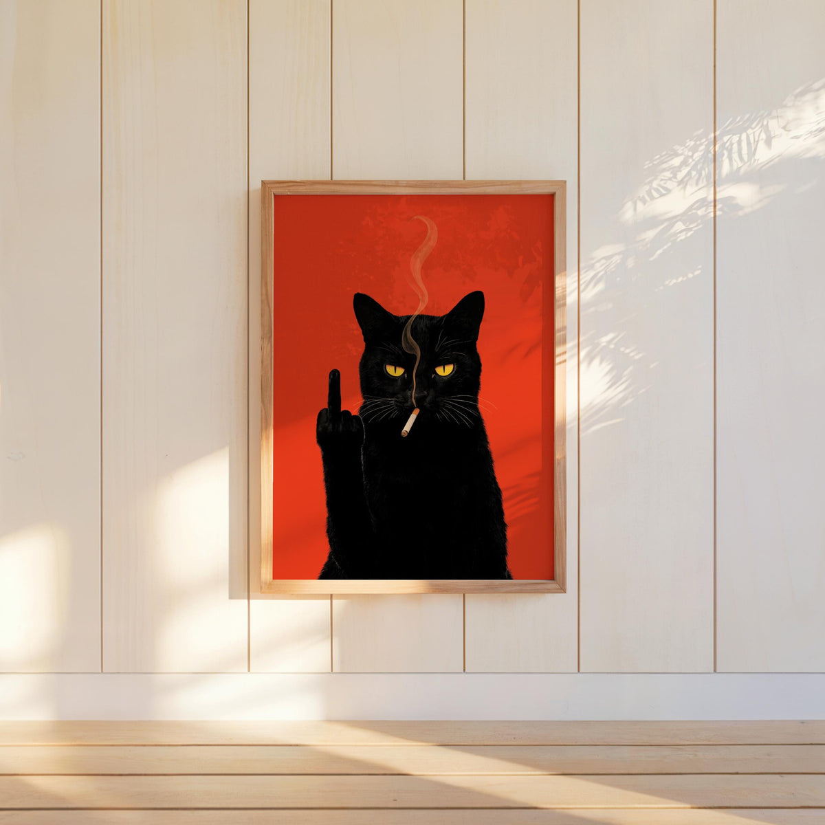 Black Cat Middle Finger & Smoking Wall Art, Funny Sarcastic Kitty Poster, Trendy Fuck You Statement Decor, Grumpy Cigarette Cat