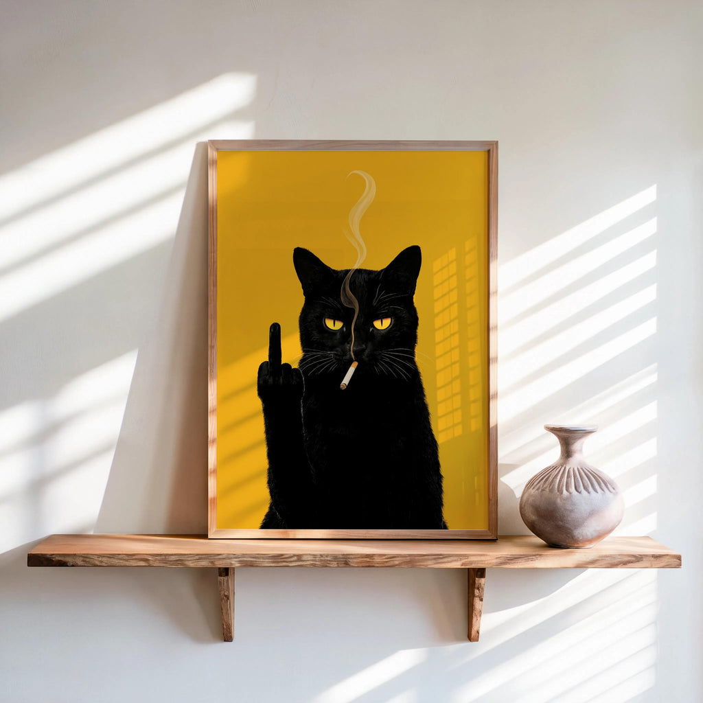 Black Cat Middle Finger & Smoking Wall Art, Funny Sarcastic Kitty Poster, Trendy Fuck You Statement Decor, Grumpy Cigarette Cat