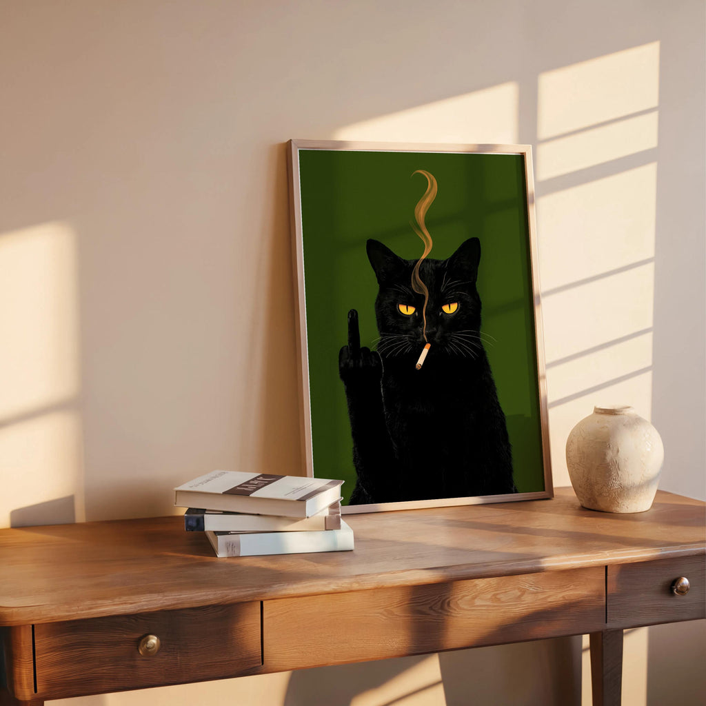 Black Cat Middle Finger & Smoking Wall Art, Funny Sarcastic Kitty Poster, Trendy Fuck You Statement Decor, Grumpy Cigarette Cat