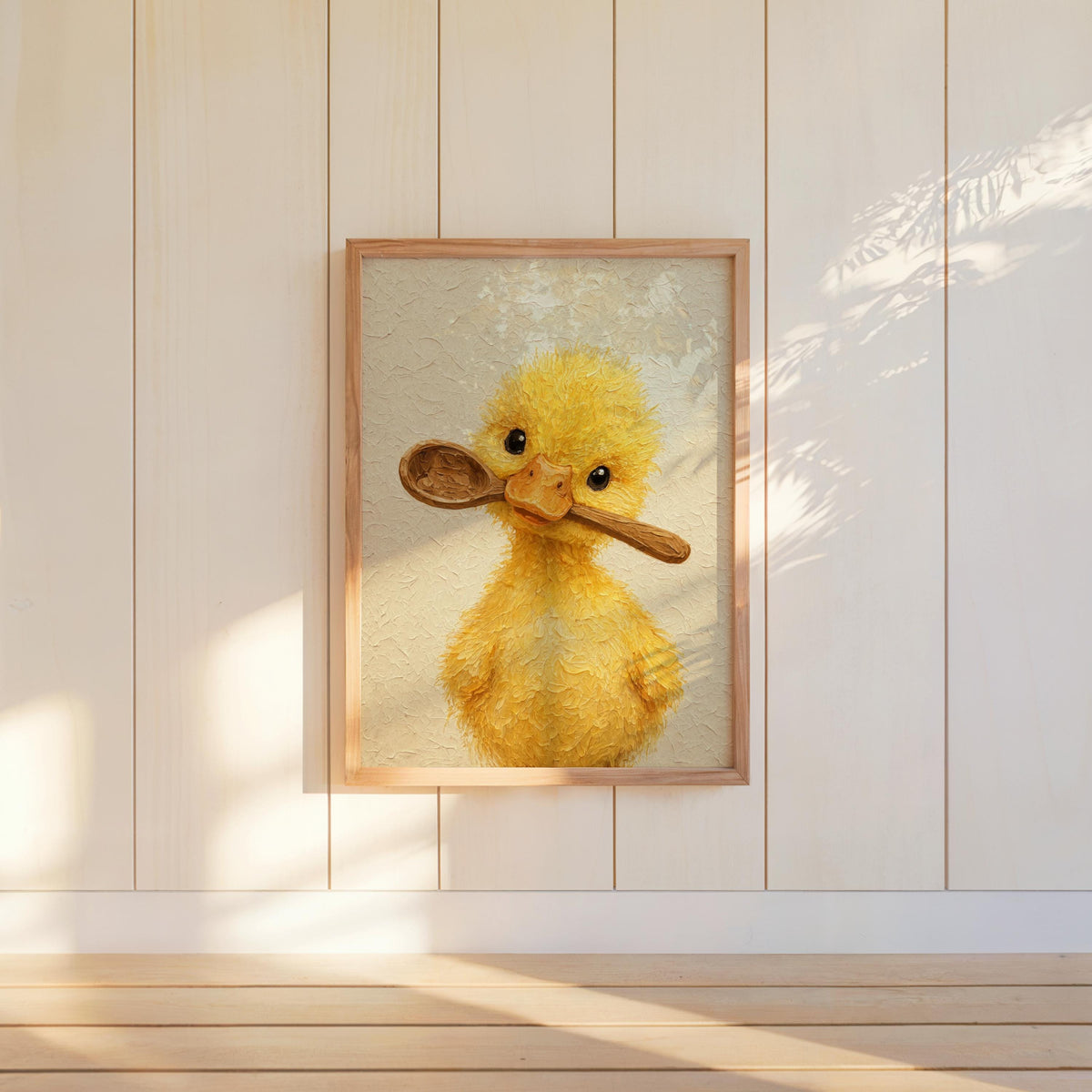 Vertical beadboard wall, whimsical kitchen art hung low, cheerful yellow duckling portrait for cute duck wall decor.