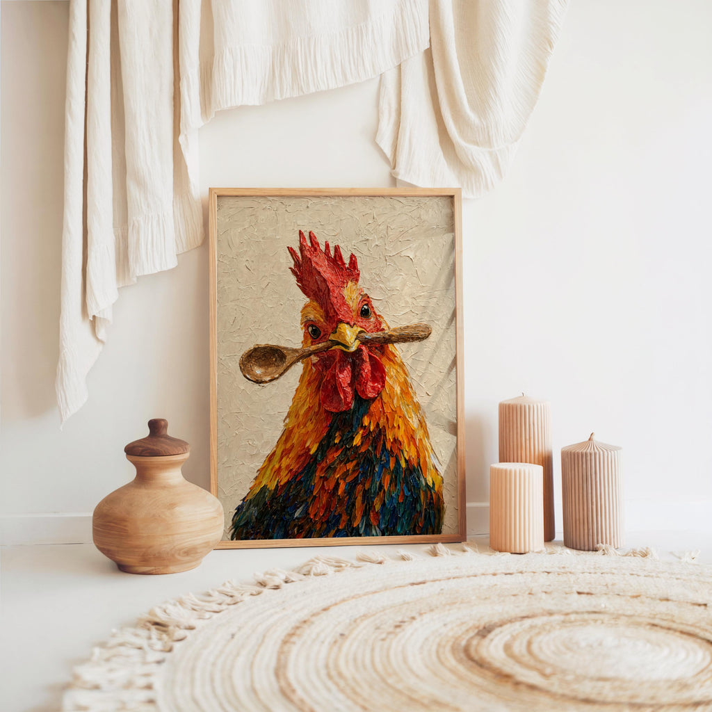 Rooster kitchen wall art near hanging towels and ceramic jugs, heavy textured strokes, rustic rooster print
