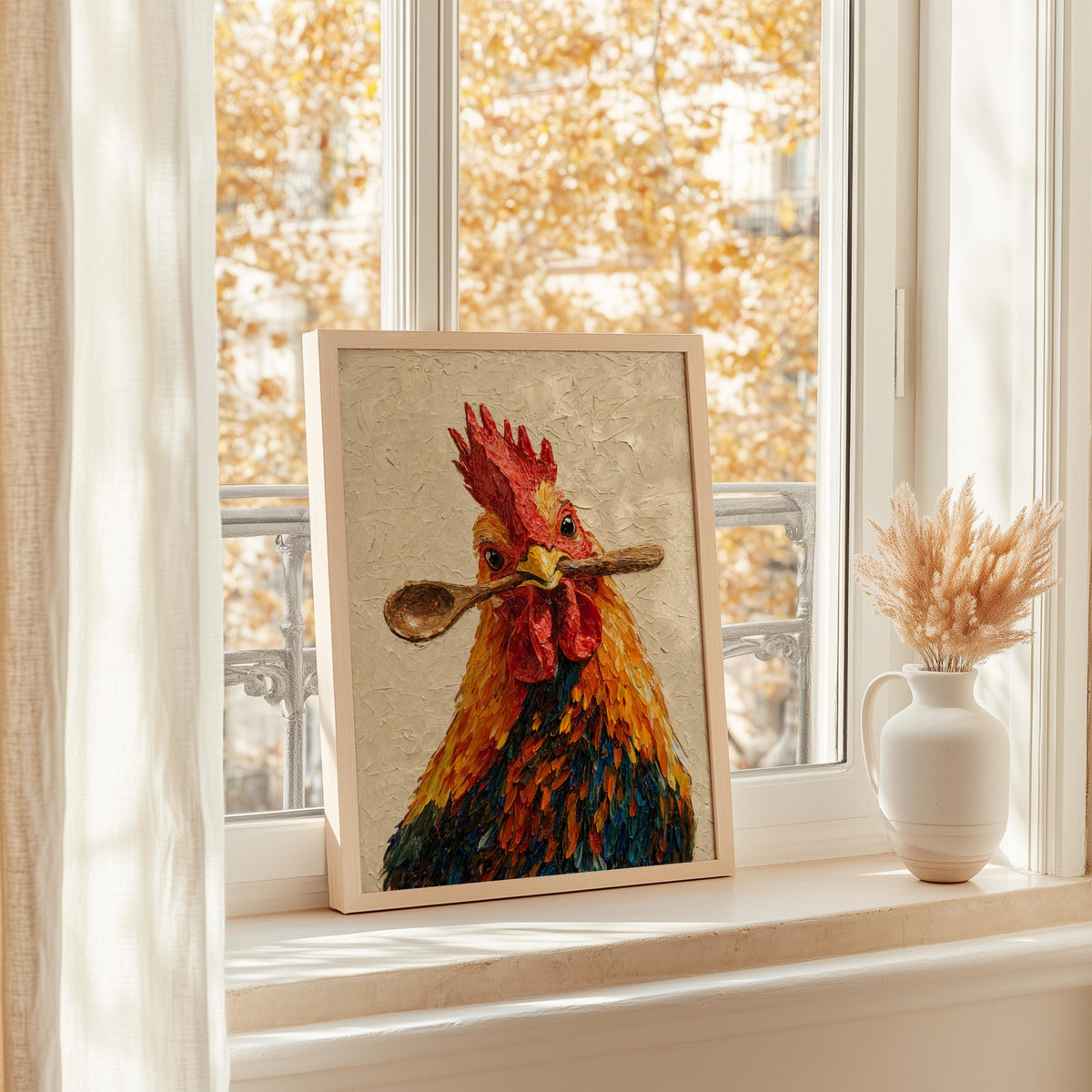 Rooster kitchen wall art on a sunny windowsill with autumn light outside, cottagecore kitchen decor suggestion
