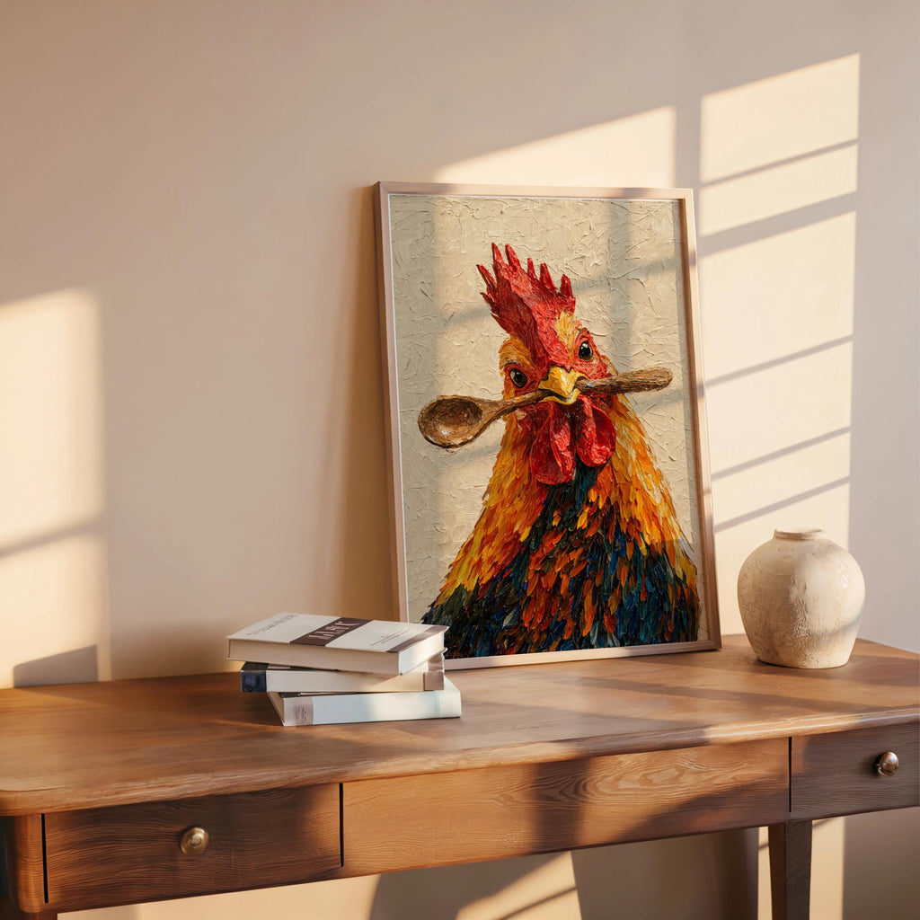 Rooster kitchen wall art on a wooden desk with books and a small bowl, chef gift wall art and country charm