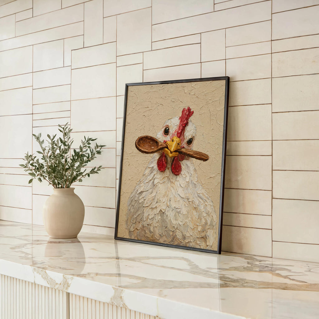 Textured chicken art print propped on marble counter, white subway tile backdrop and small vase, chicken kitchen wall art
