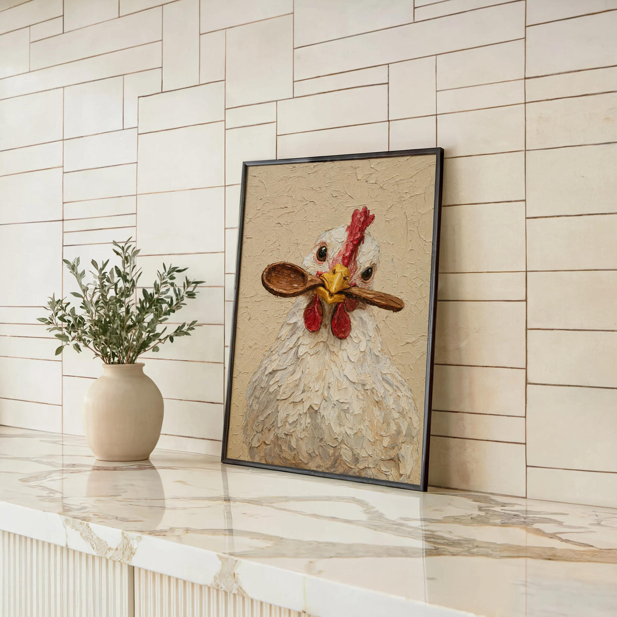 Textured chicken art print propped on marble counter, white subway tile backdrop and small vase, chicken kitchen wall art