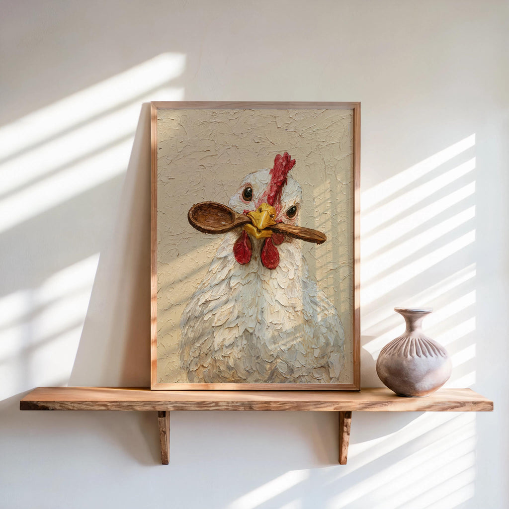 Framed impasto hen holding a wooden spoon leans on a sunlit shelf, chicken kitchen wall art