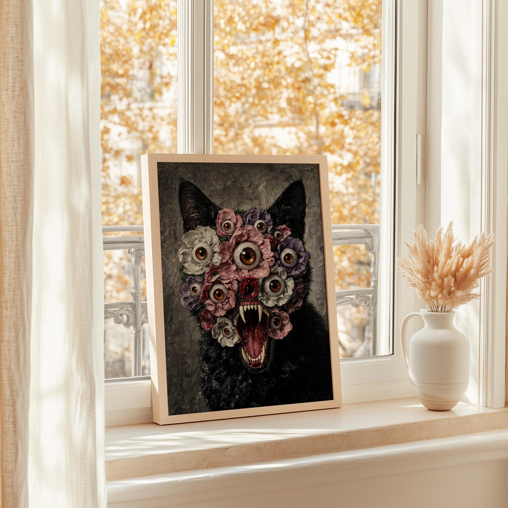 Floral cat art print propped in a sunny window with dried stems, autumn light on this black cat floral wall art