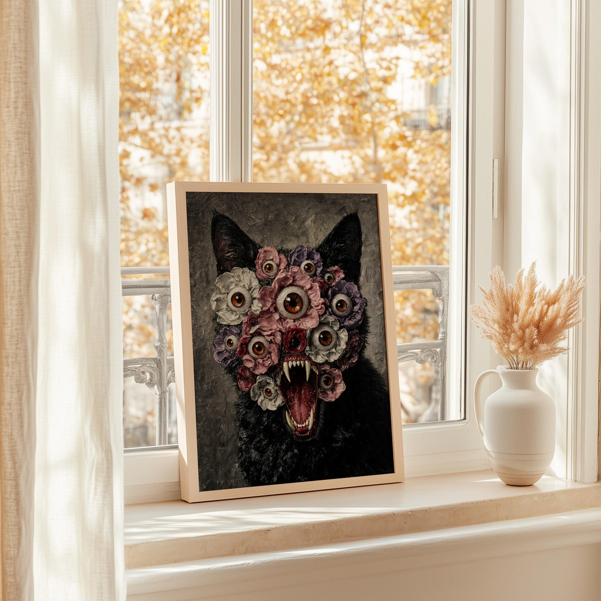 Floral cat art print propped in a sunny window with dried stems, autumn light on this black cat floral wall art