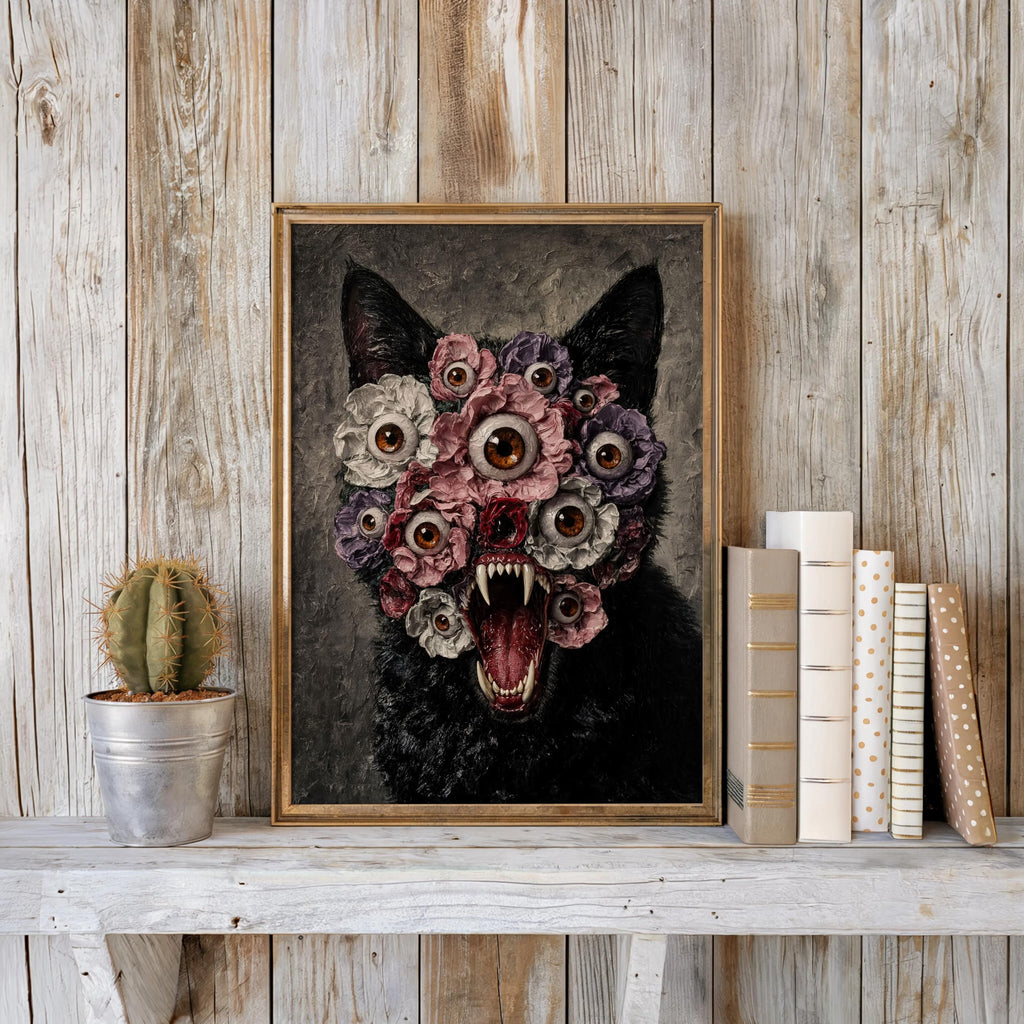 Macabre cat artwork framed on a whitewashed wood shelf, small succulent and stacked books beside this black cat floral wall art