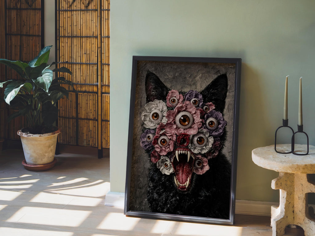 Surreal black cat art print leans by a potted plant and basket, showcasing black cat floral wall art in moody light