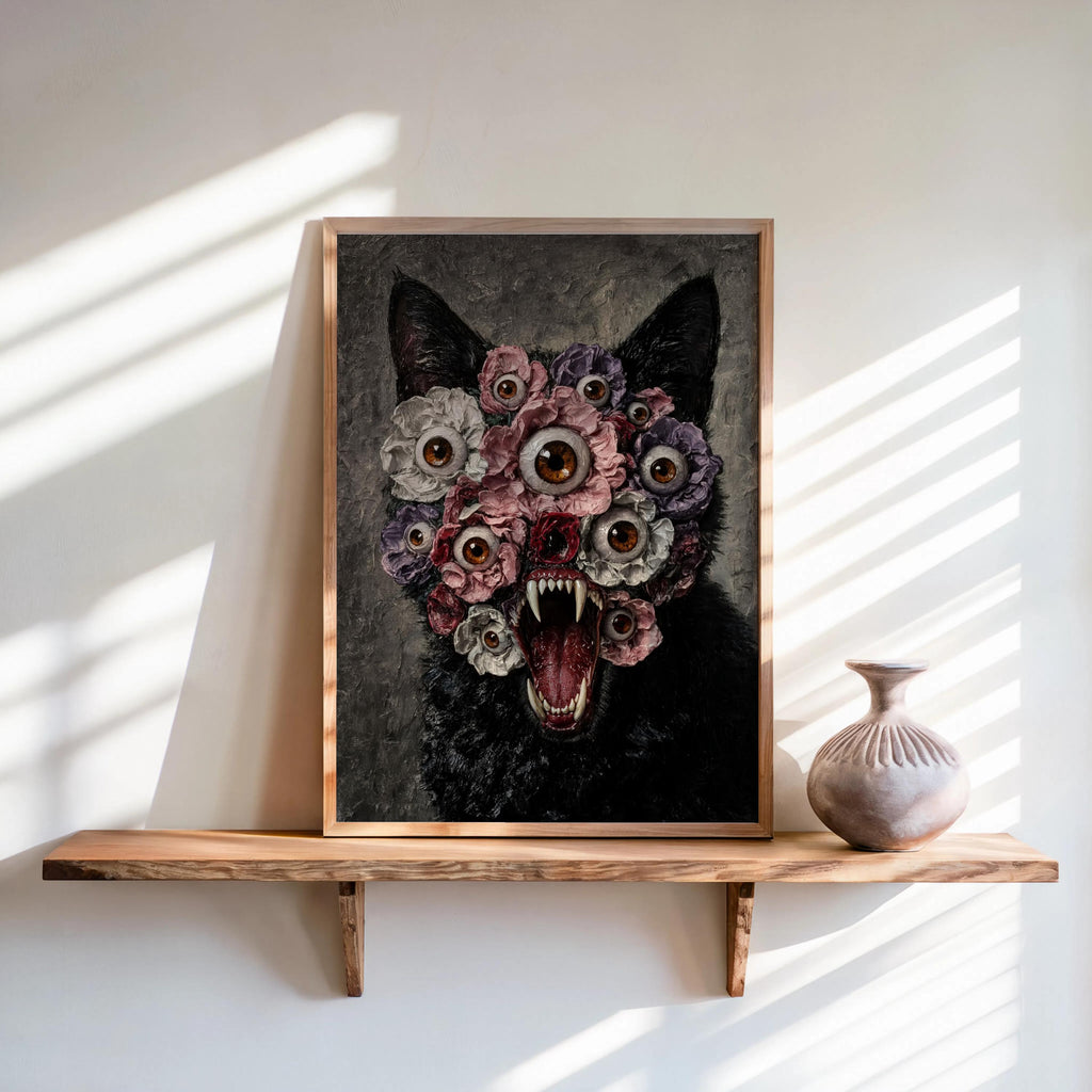 Black cat floral wall art framed, leaning on a sunlit wooden shelf with ceramic vase nearby