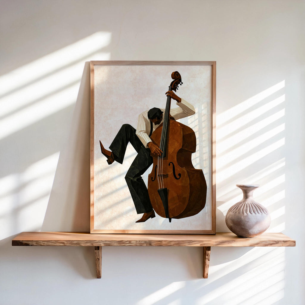 Jazz Bassist Wall Art, Modern Mid Century Musician Print, Retro African American Poster, Afrocentric Painting, Black Culture Soul Music