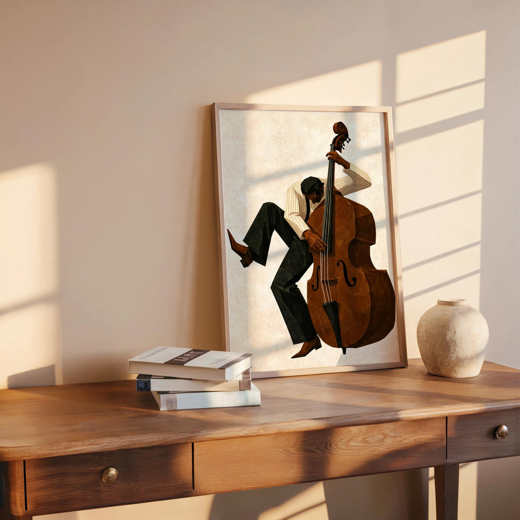Jazz Bassist Wall Art, Modern Mid Century Musician Print, Retro African American Poster, Afrocentric Painting, Black Culture Soul Music