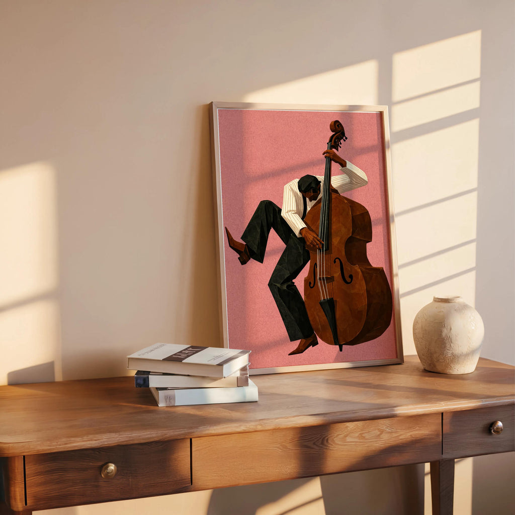 Jazz Bassist Wall Art, Modern Mid Century Musician Print, Retro African American Poster, Afrocentric Painting, Black Culture Soul Music