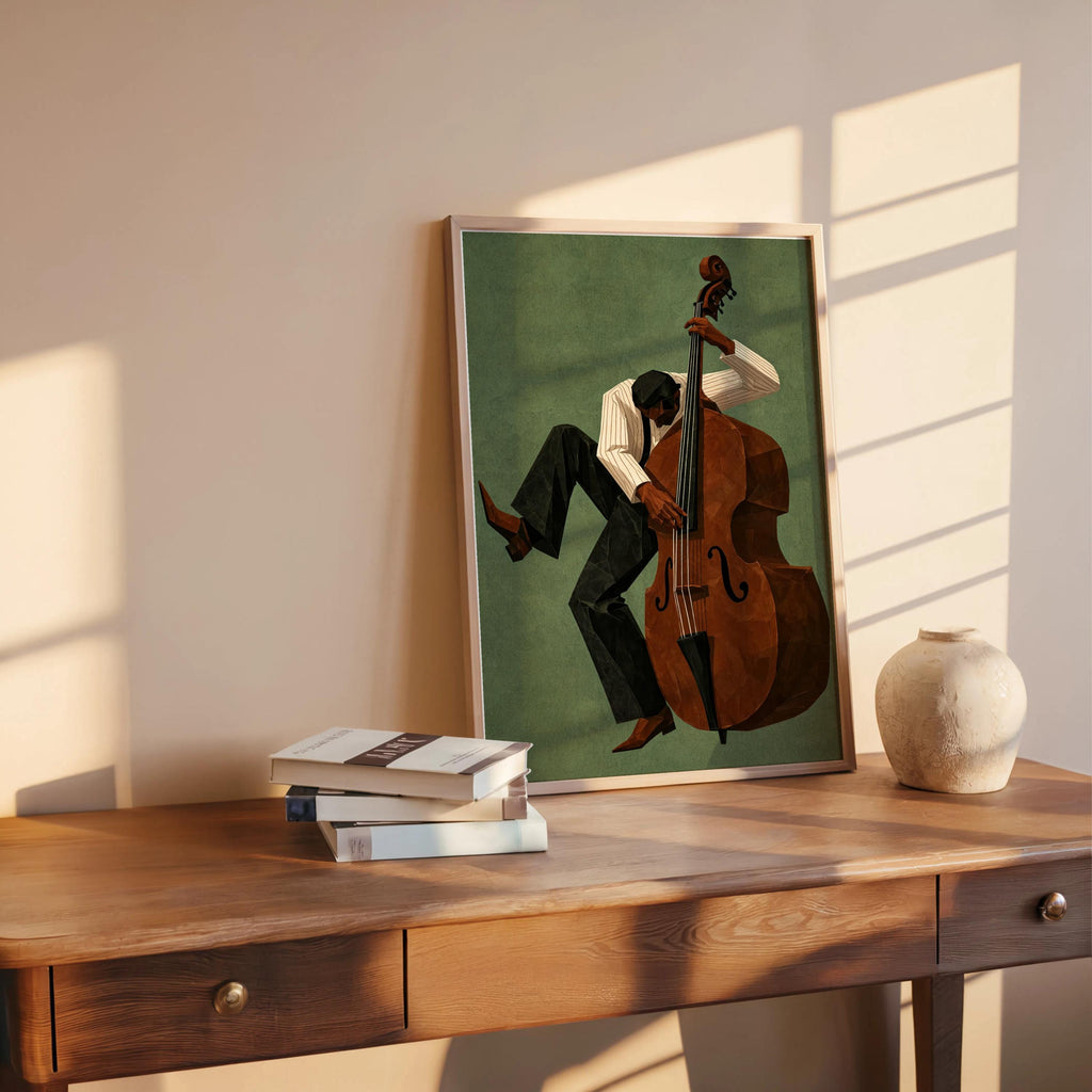 Jazz Bassist Wall Art, Modern Mid Century Musician Print, Retro African American Poster, Afrocentric Painting, Black Culture Soul Music